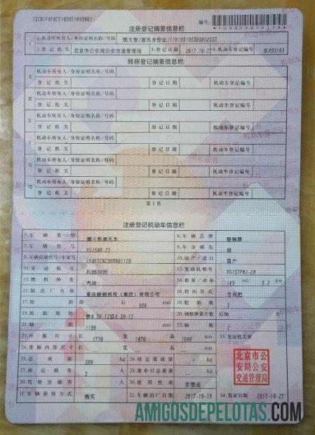 China Vehicle Registration Certificate exemplo